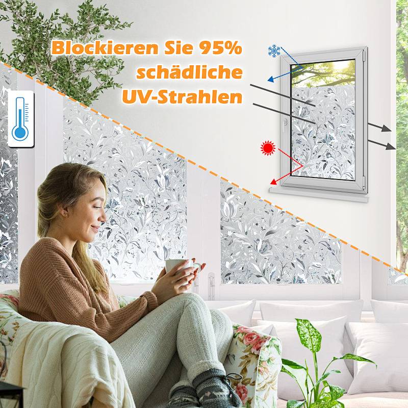 Fensterfolie 3D Blumen,Sichtschutzfolie Fenster Milchglasfolie,statisch haftend ohne Klebstoff,Anti-UV Folie für Bad und Büro,90*200CM