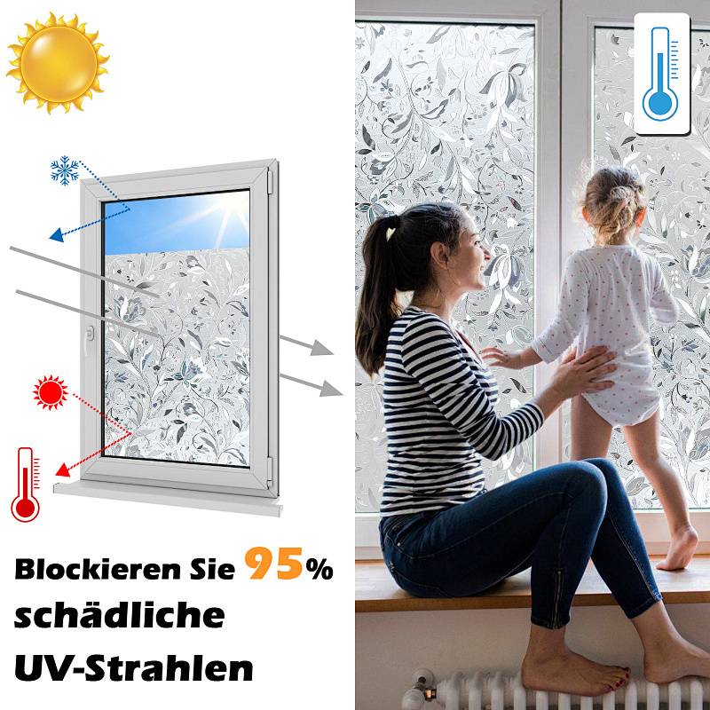 Diagramm eines Fensters mit UV-Schutzfähigkeiten. Links: Sonnenlicht und UV-Strahlen werden blockiert. Rechts: Frau und Kind in der Nähe eines Fensters. Text: „Blockieren Sie 95% UV-Strahlen