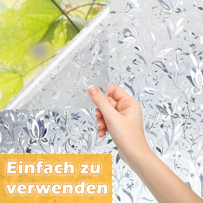 Eine Hand schält silberfarbene Tapeten mit Blumenmuster ab und gibt grüne Blätter darunter frei. Orangefarbener Text liest sich: „Einfach zu verwenden