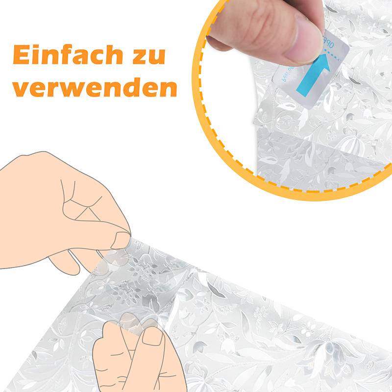 Eine Hand, die eine Schutzschicht von Klebeband mit Blumenmuster abzieht, mit Text, der „Einfach zu verwenden