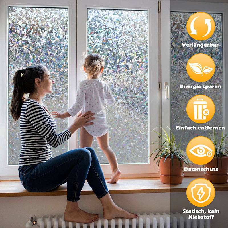 Eine Frau und ein Kind an einem Fenster mit dekorativer Folie. Symbole heben folgende Merkmale hervor: Langlebigkeit, Energieeinsparung, einfaches Entfernen, Datenschutz, klebstofffrei.