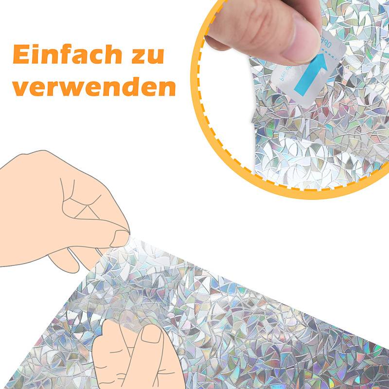 Die Illustration zeigt eine Hand, die einen durchsichtigen holografischen Klebebeutel von einem Blatt abzieht, beschriftet mit „Einfach zu verwenden", was „Einfach zu verwenden"" bedeutet.