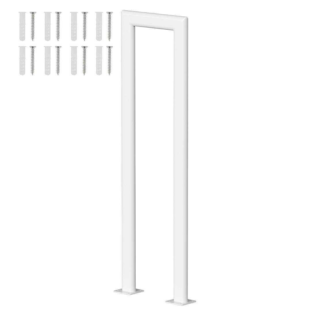 Ein weißes Metallsicherheitsgitter mit enthaltenen Befestigungsschrauben, entwickelt für Türöffnungen zur Zugangsverhinderung.