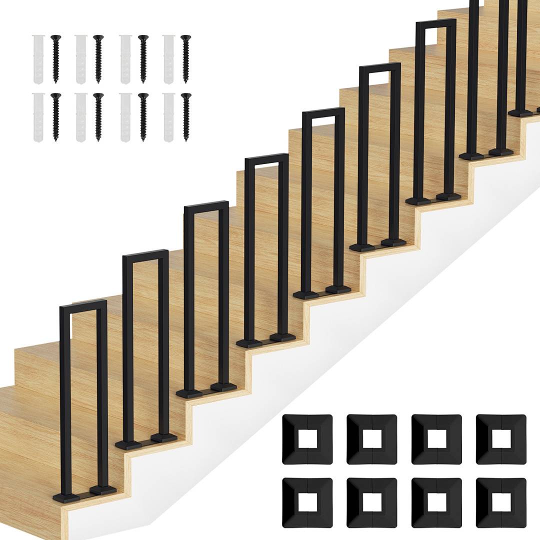 Holztreppe mit schwarzen Metallbalusternen und Montagezubehör gezeigt, einschließlich Schrauben und quadratischen Basisabdeckungen.