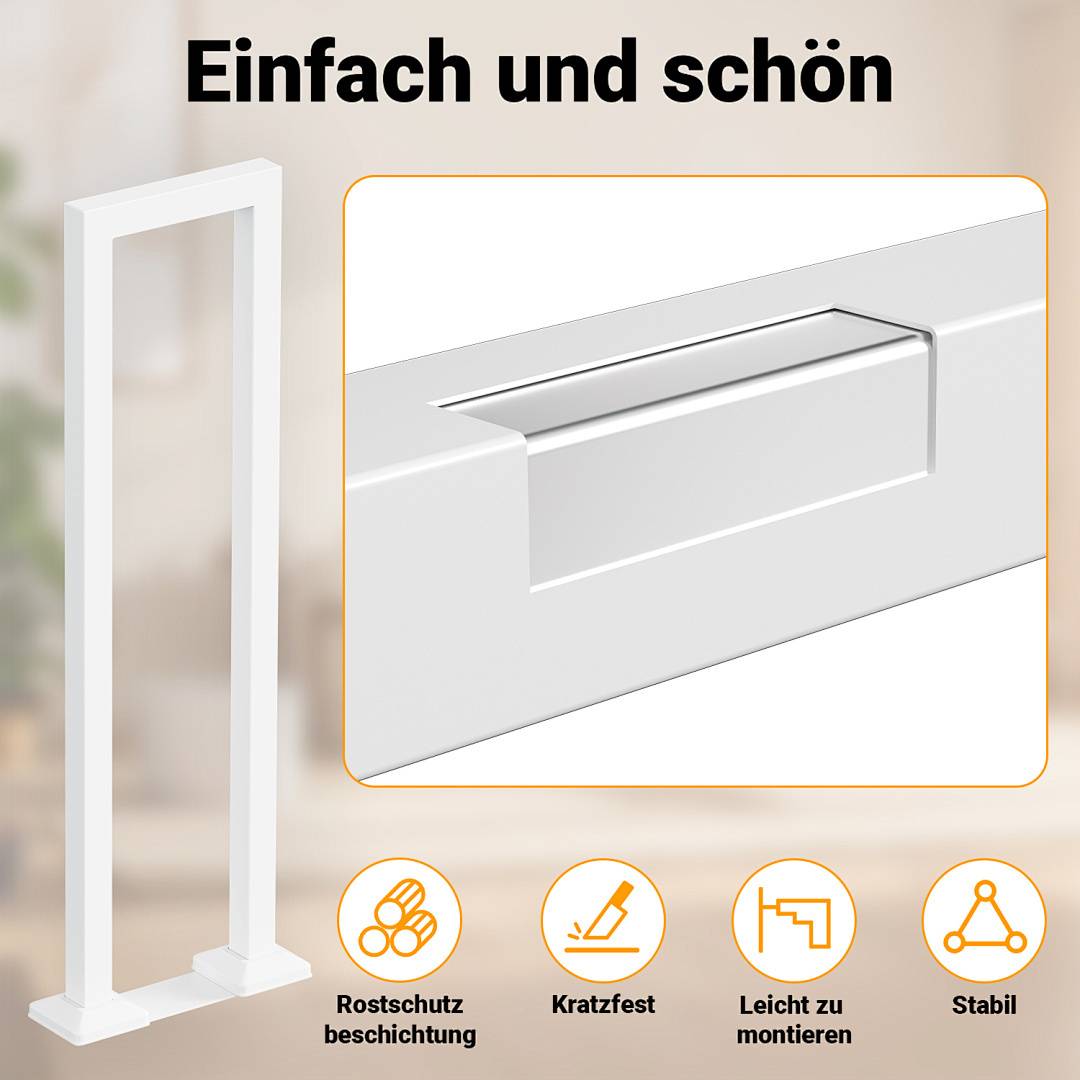 Ein weißes Metallbein für einen Tisch wird gezeigt mit Merkmalen wie „Rostschutzschicht