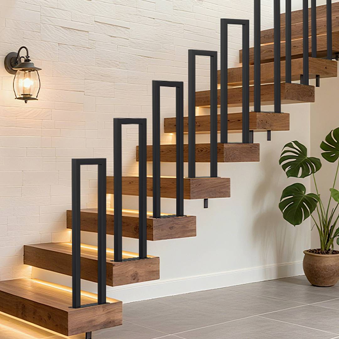 Eine moderne Holztreppe mit schwarzen Geländern, akzentuiert durch Beleuchtung unter den Stufen, verläuft aufwärts gegen eine hellgefärbte Wand mit einer dekorativen Pflanze in der Nähe.