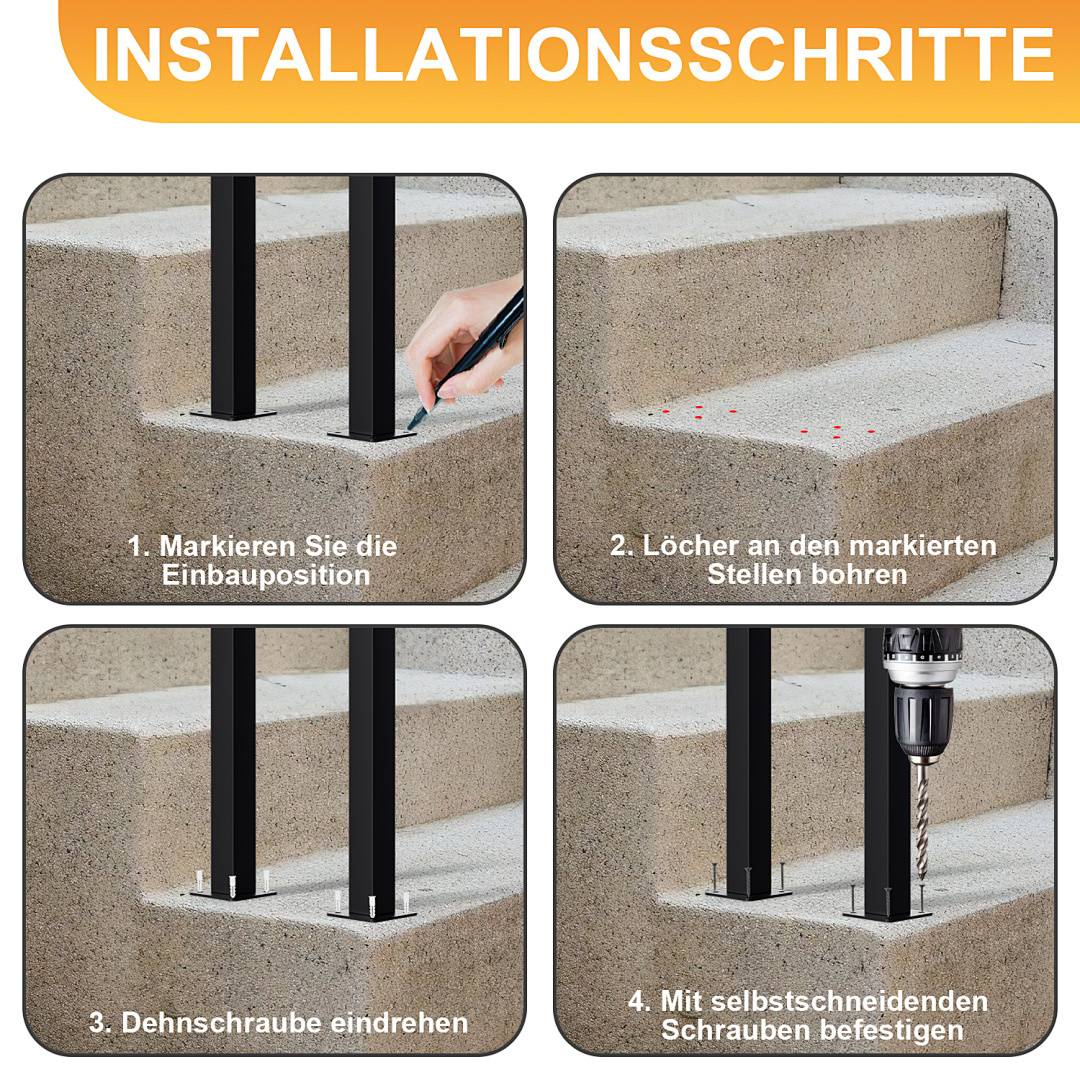Installationsschritte': Vierstufige Anleitung zum Markieren, Bohren, Einsetzen und Befestigen von Schrauben zur Installation eines Geländers auf Betontreppen.