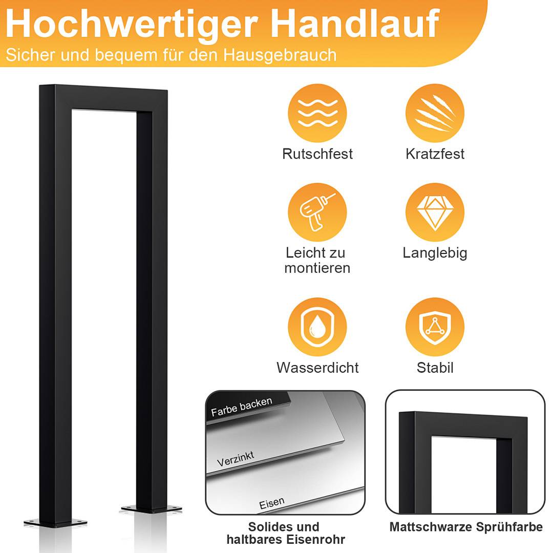 Hochwertiger Handlauf mit Symbolen und Funktionen: rutschfest, kratzfest, leicht zu montieren, langlebig, wasserdicht, stabil und schwarze Mattierungslackierung.