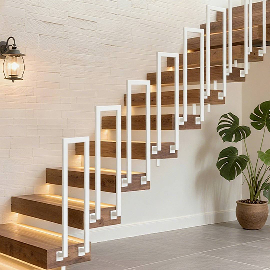 Eine moderne Treppe mit Holzstufen, weißem geometrischem Geländer und eingebauter LED-Beleuchtung; eine Topfpflanze steht in der Nähe auf einem gefliesten Boden.