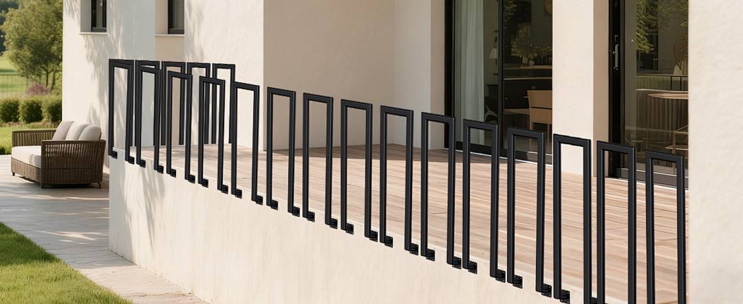 Eine moderne schwarze Metallbalustrade mit vertikalen Stäben wirft Schatten auf einen hell gefärbten Balkonboden neben großen Glastüren.