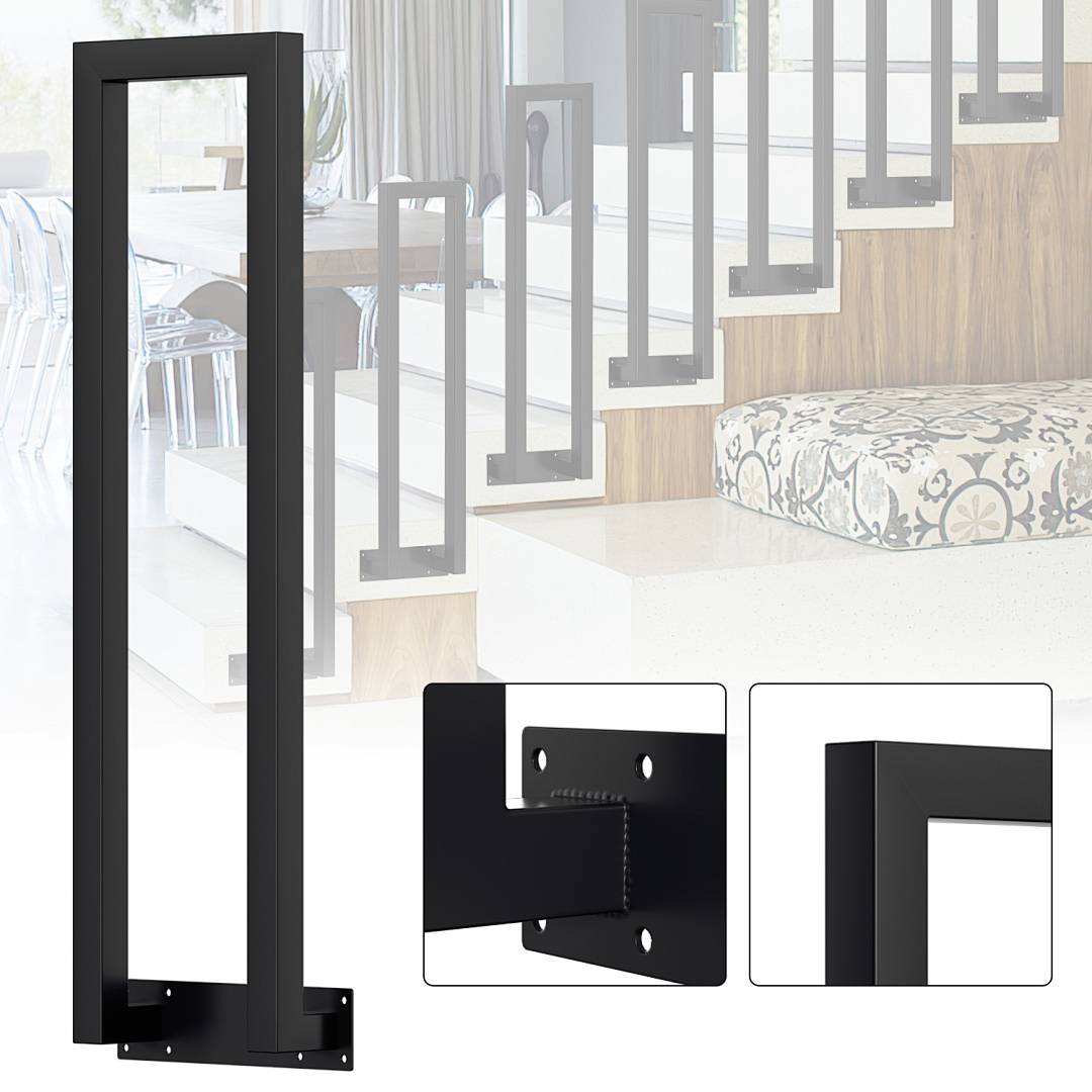 Ein modernes schwarzes Treppengeländer mit quadratischem Design wird gezeigt, wobei seine Installationsdetails auf einer Treppe mit Holzstufen hervorgehoben werden.