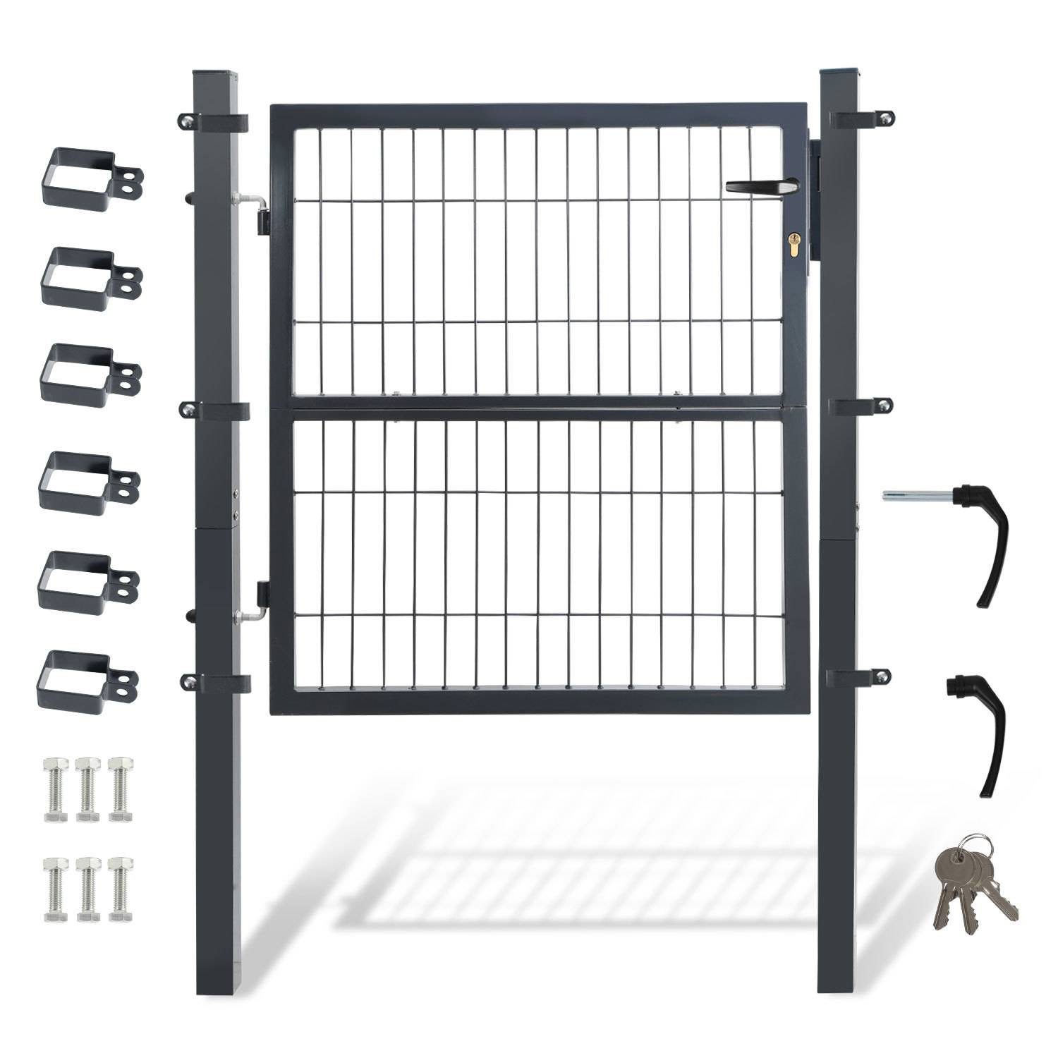 Schwarzes Metall-Gittertor-Set mit zwei Pfosten, Scharnieren, Riegel, Montageklammern, Schrauben und Schlüsseln, gezeigt als enthaltene Teile auf weißem Hintergrund.