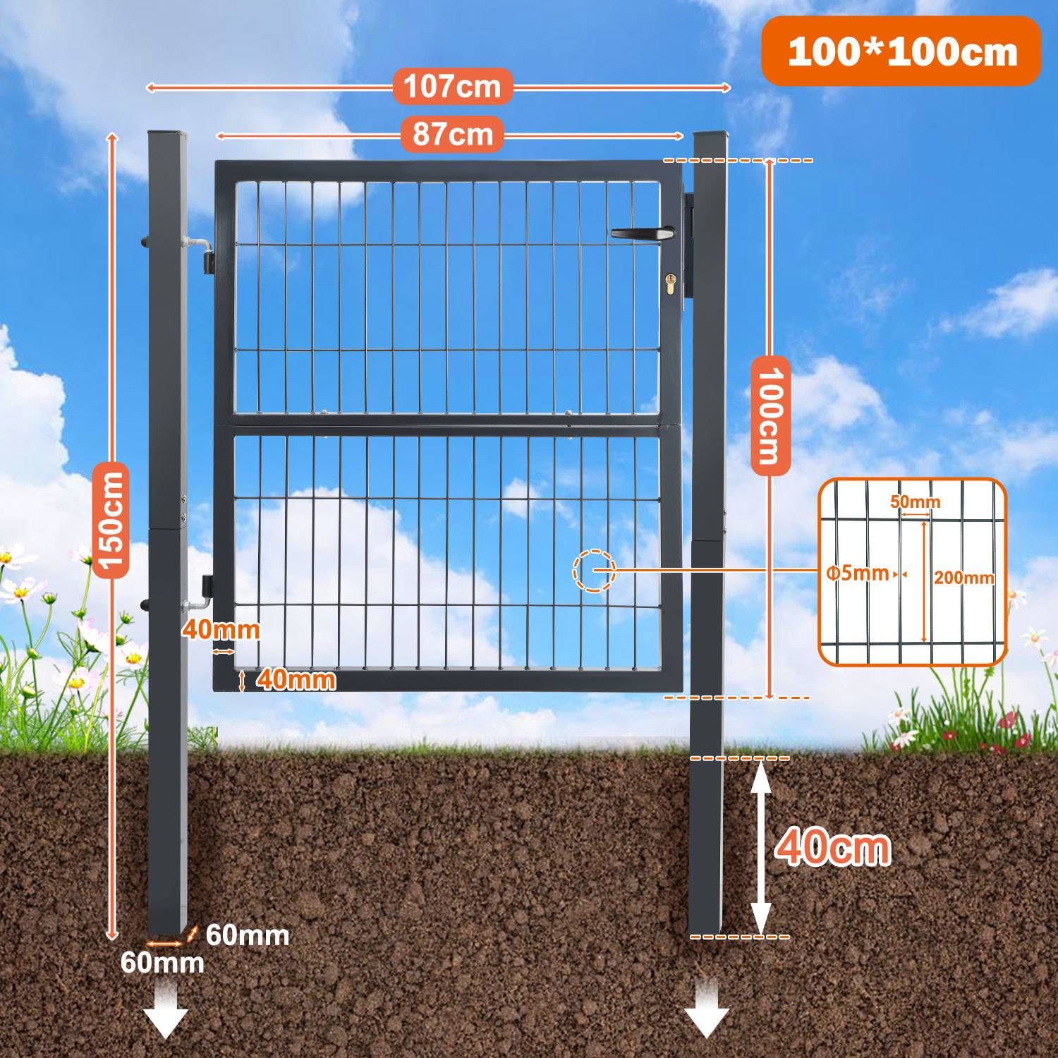 Diagramm eines schwarzen Metalltor mit Abmessungen: 100x100 cm Torblatt, 150 cm Pfosten, 107 cm Gesamtbreite, 87 cm Öffnung und 40 cm Einbautiefe.