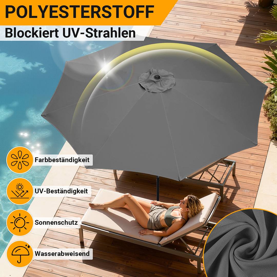 Eine Person entspannt sich auf einem Liegestuhl am Poolrand unter einem großen grauen Schirm mit dem Text „Polyesterstoff blockiert UV-Strahlen
