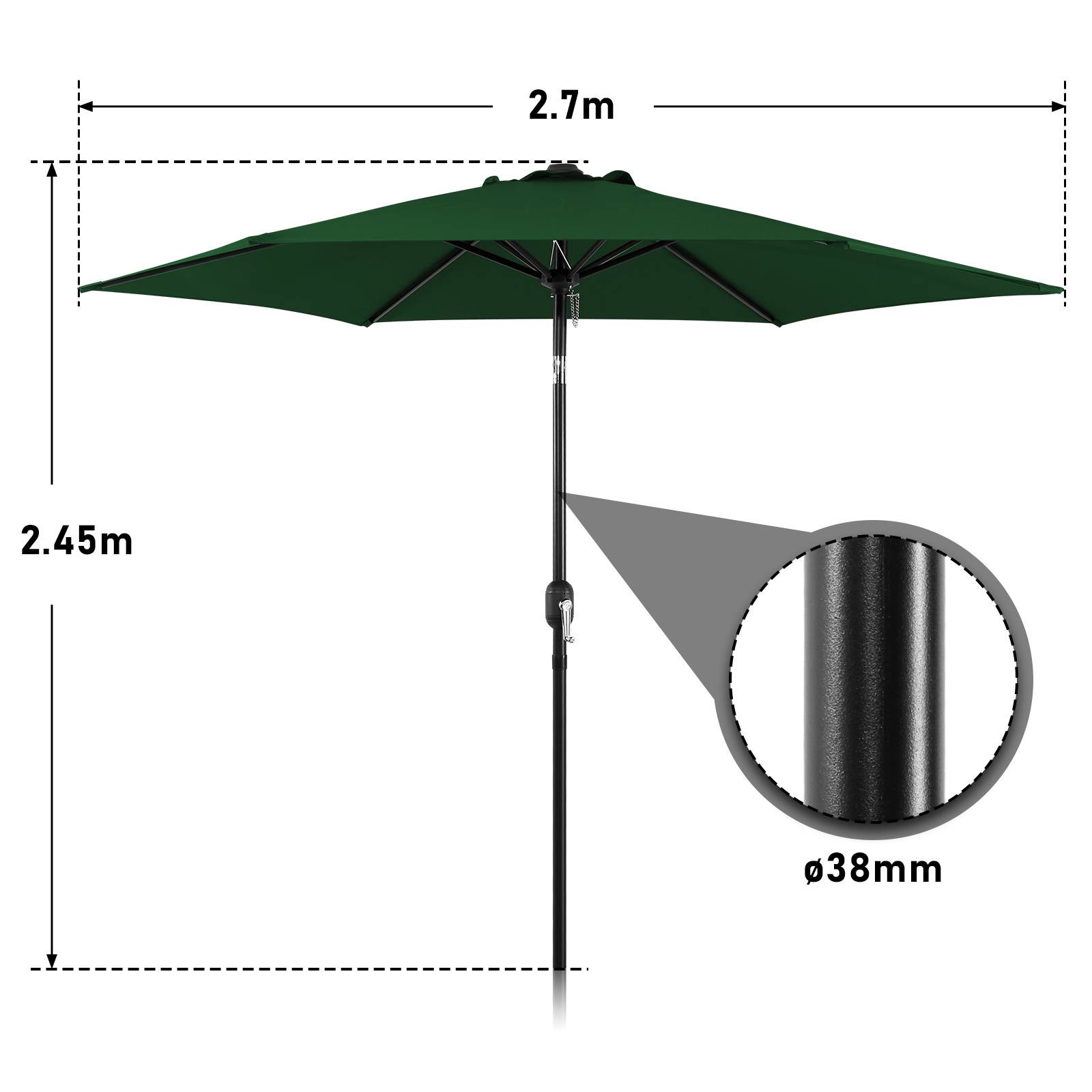 Grüner Außenschirm mit einer Höhe von 2,45 m und einer Breite von 2,7 m. Der Durchmesser des Mastes beträgt 38 mm.