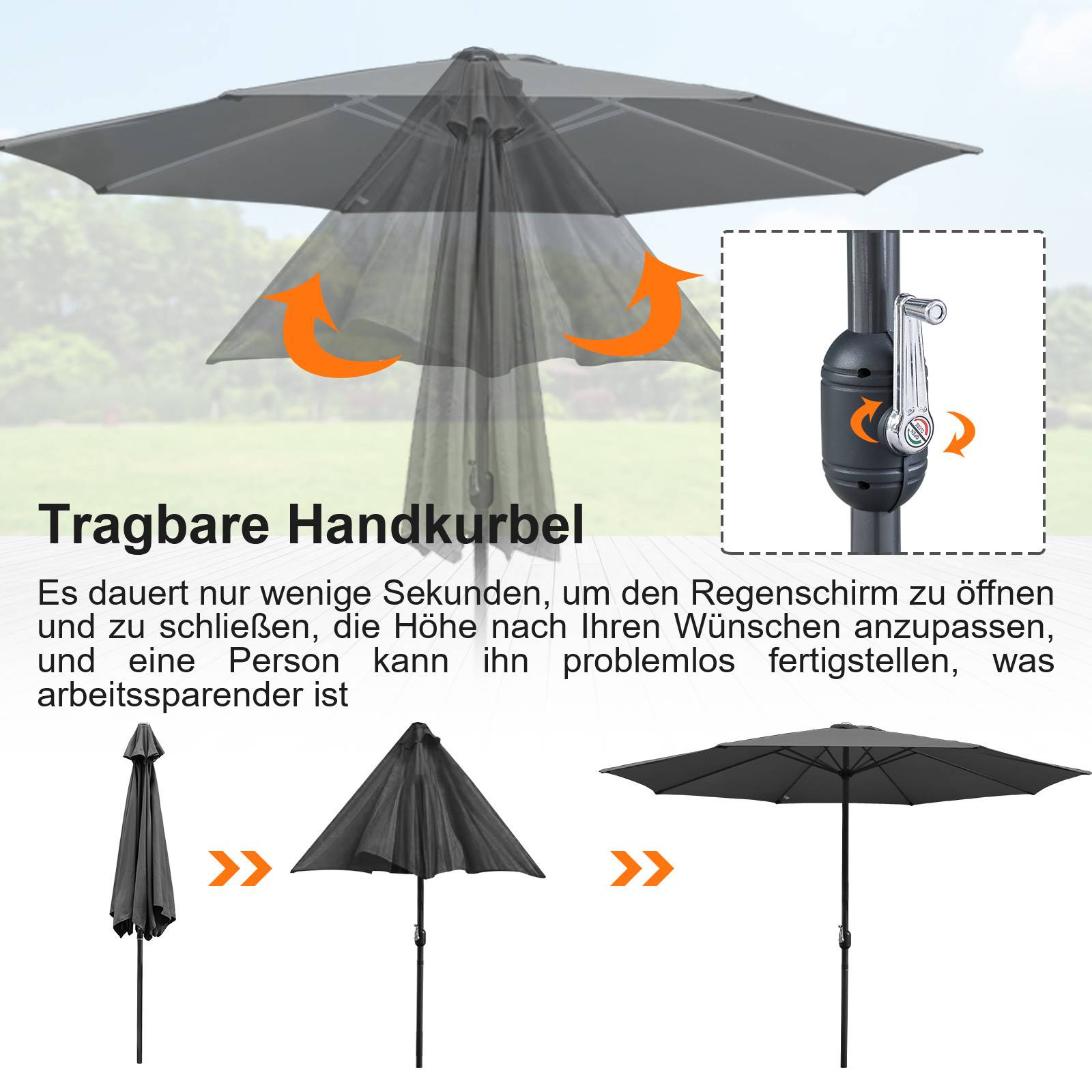 Sonnenschirm Ø350cm, Gartenschirm, ohne knickbar, Schirmtuch mit PA-Beschichtung, UV-Schutz bis UPF 50+, ohne Ständer, grau