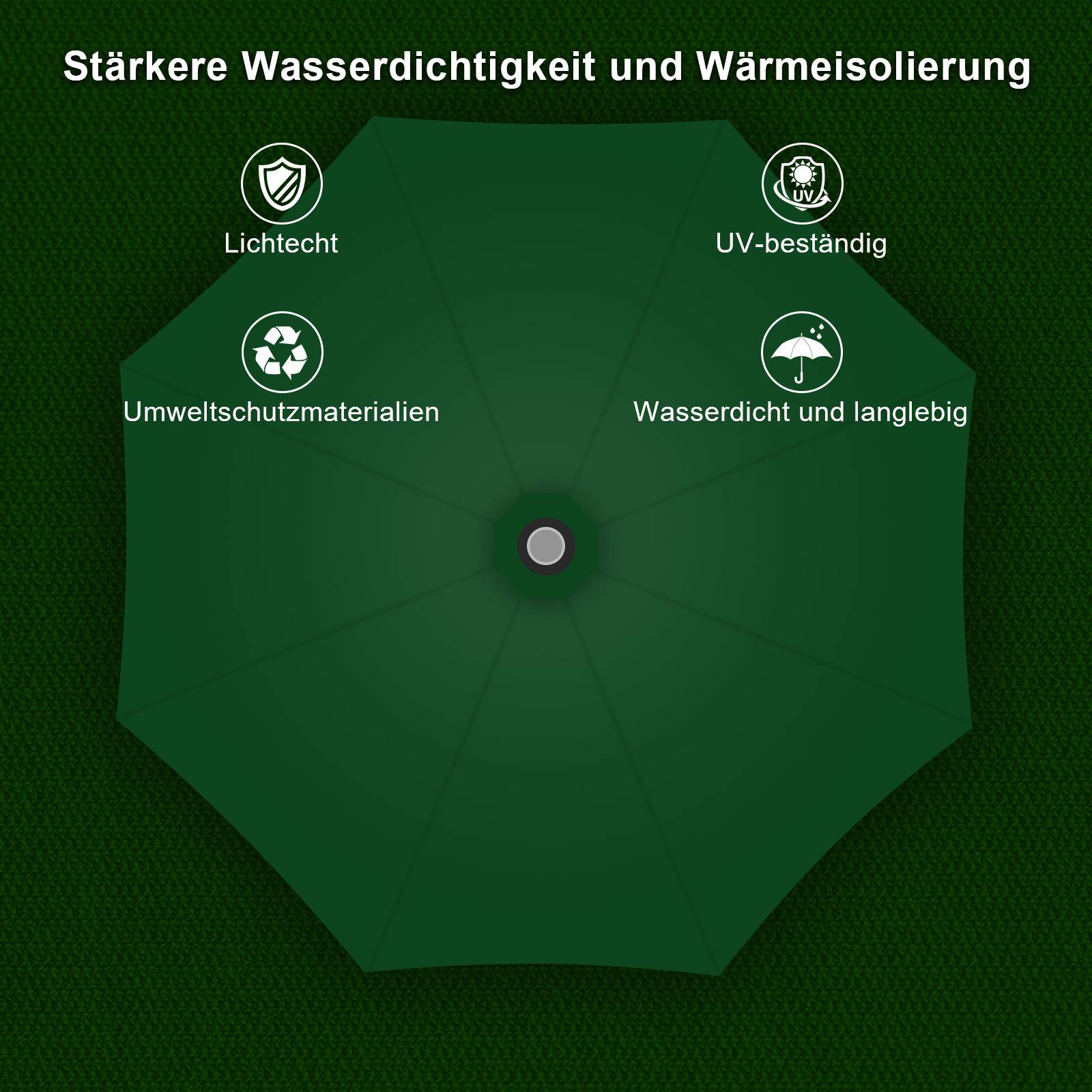 Grüner Regenschirm mit Text „Stärkere Wasserdichtigkeit und Wärmeisolierung