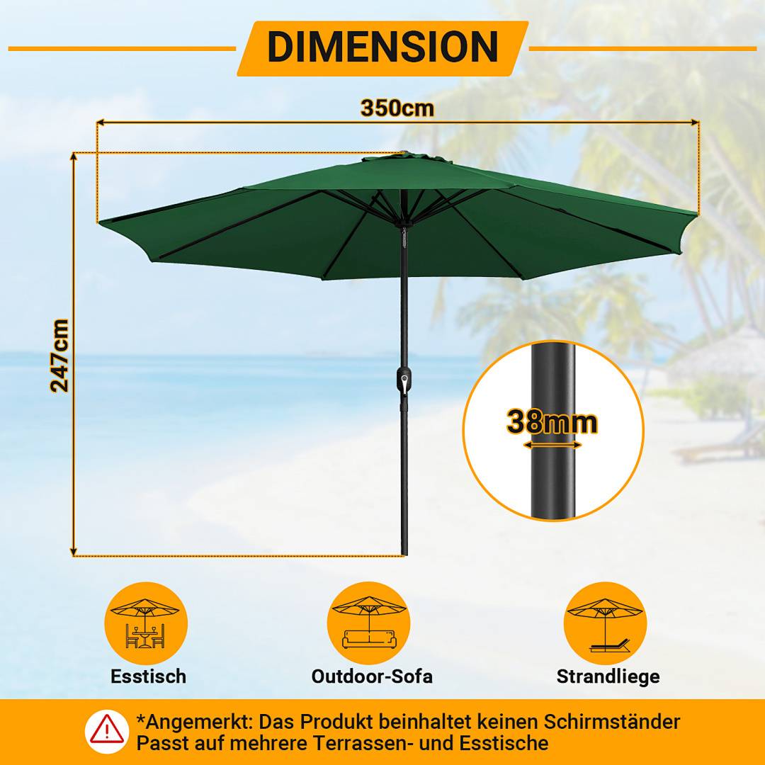 Ein grüner Terrassenschirm hat folgende Abmessungen: 350 cm breit, 247 cm hoch, mit einem 38 mm Mast. Symbole zeigen seine Verwendung in Ess-, Sofa- und Strandbereich.