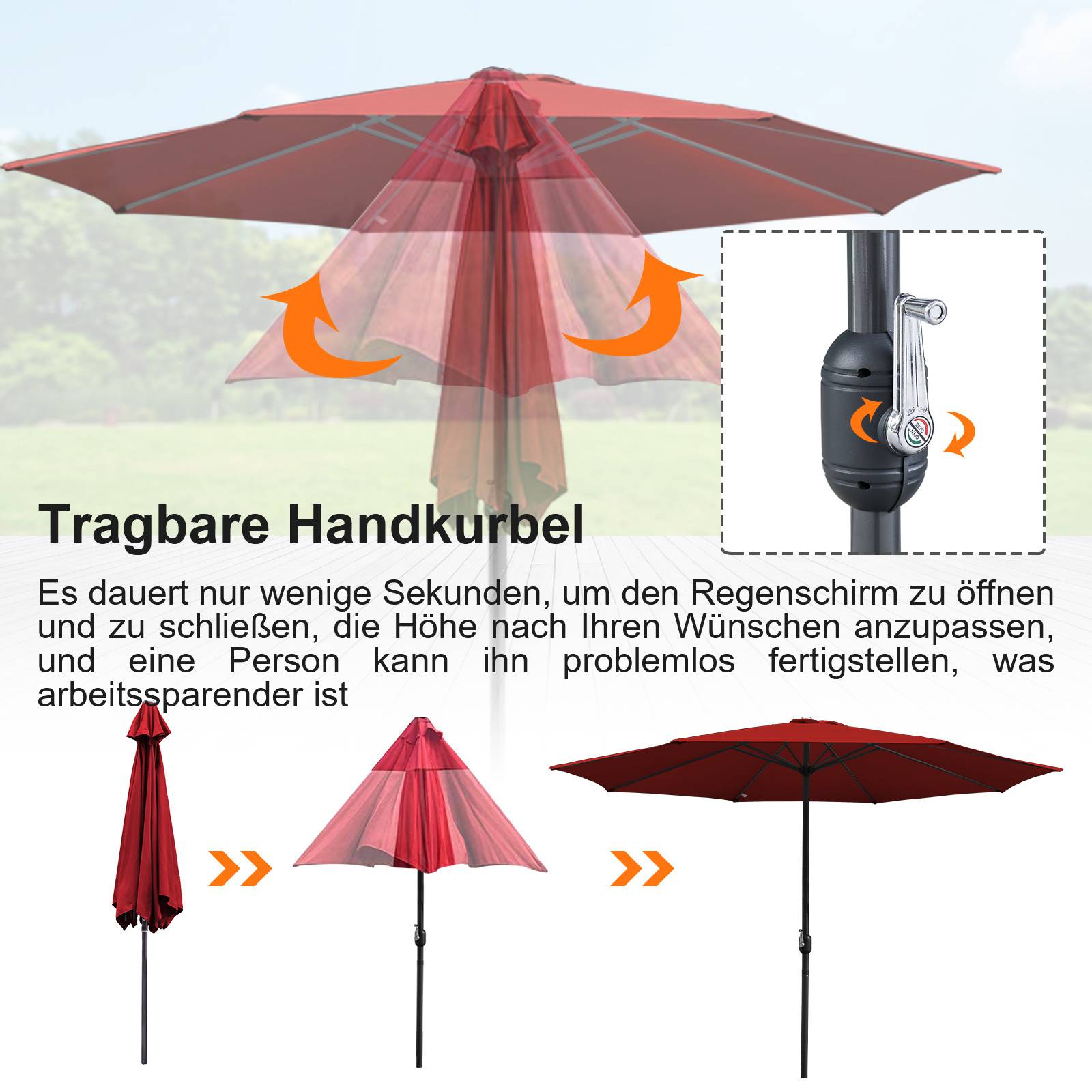 Roter Regenschirm mit Handkurbel. Überschrift: 'Tragbare Handkurbel'. Pfeile zeigen die Schirmöffnung und Höhenverstellung an, entwickelt für einfache Handhabung.