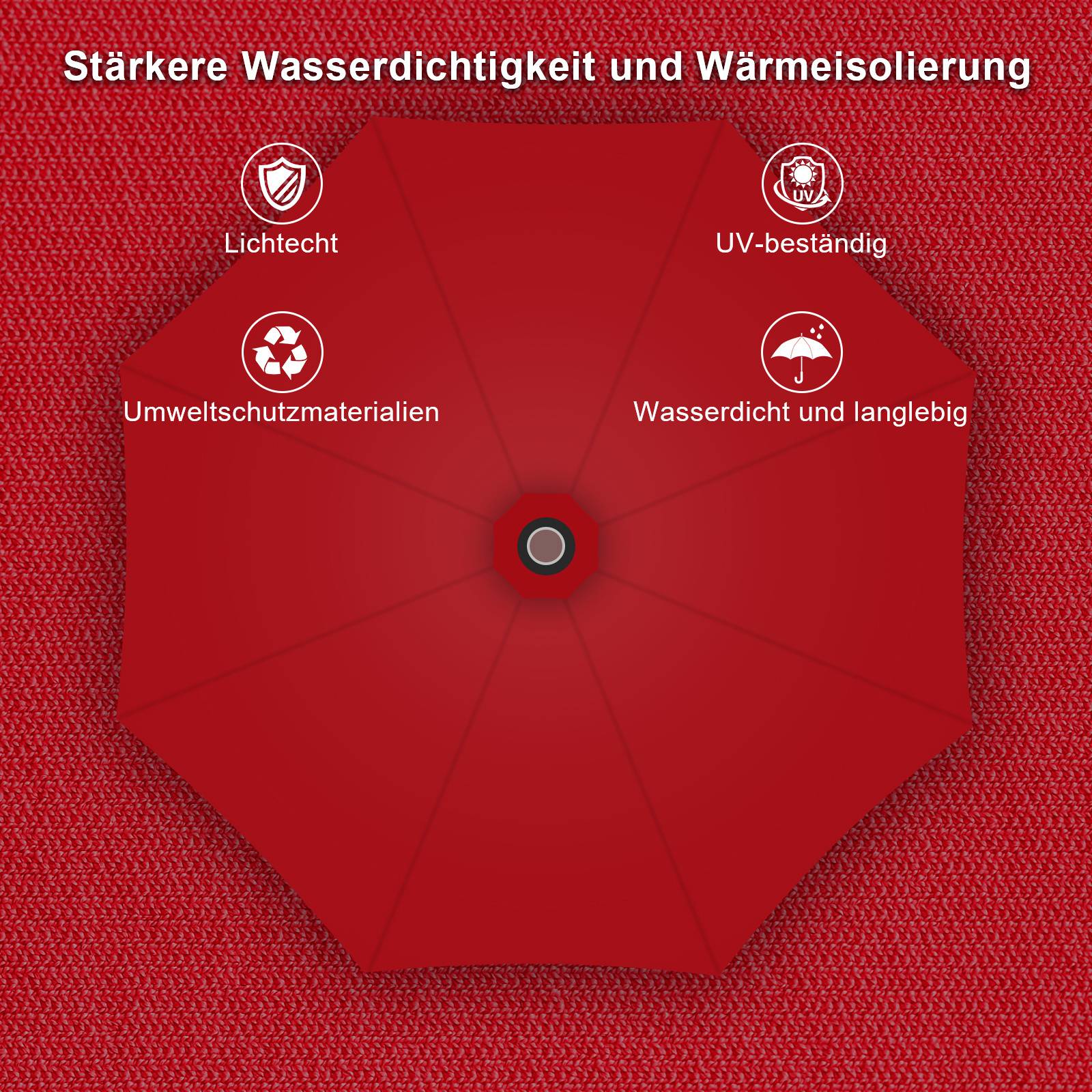 Roter Regenschirm mit Beschriftungen: Lichteecht, UV-beständig, Umweltschutzmaterialien, Wasserdicht und langlebig. Der Hintergrund zeigt rote Stofftextur.
