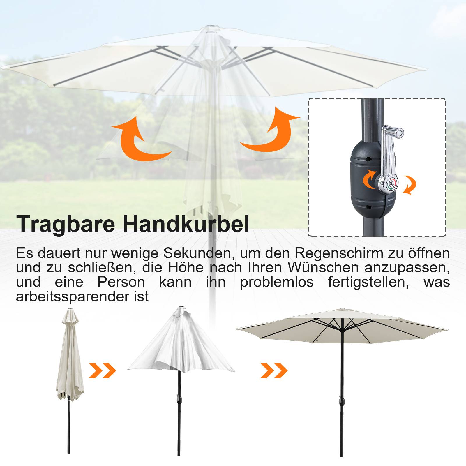 Tragbarer Regenschirm mit Handkurbel zur einfachen Höhenverstellung. Anleitung und Komponenten sind illustriert und heben die Benutzerfreundlichkeit hervor.