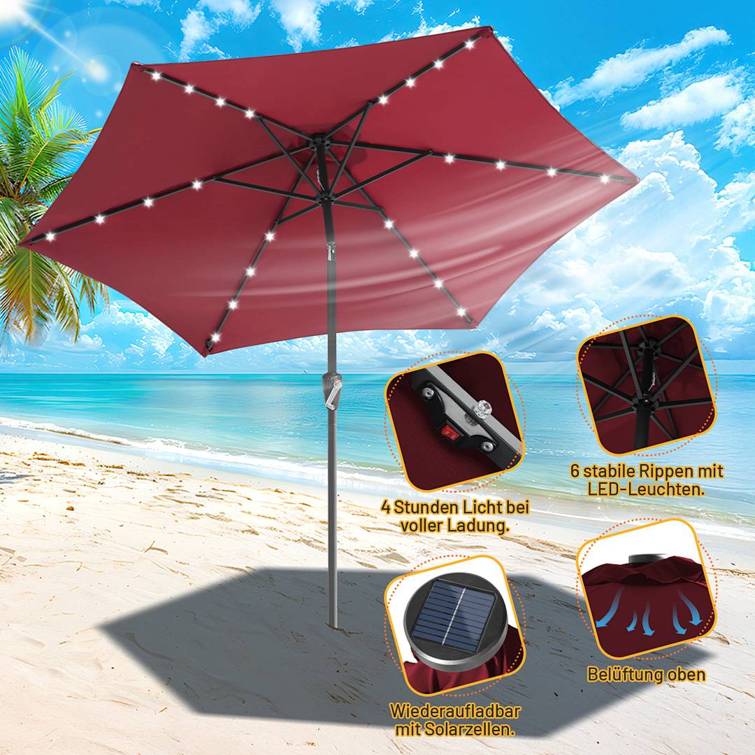 Outdoor-Strandschirm mit rotem Baldachin mit LED-Leuchten. Enthält Solarpanel zum Laden und stabile Rippen zur Stabilisierung.