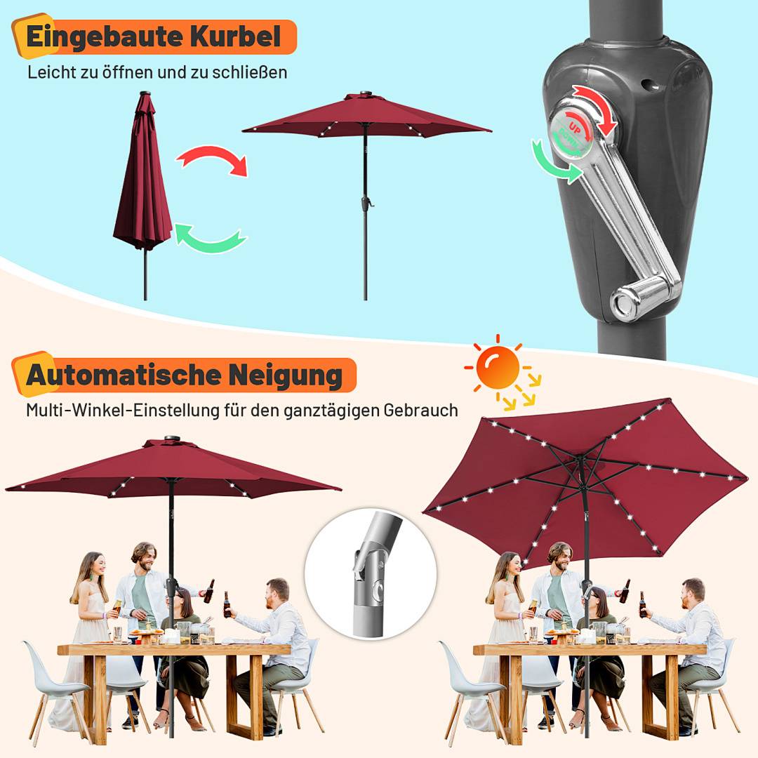 „Zawnoy Red Outdoor Umbrella: Verfügt über eine eingebaute Kurbel für einfaches Öffnen, automatische Neigung für ganztägige Nutzung in mehreren Winkeln. Geeignet für Essbereiche.