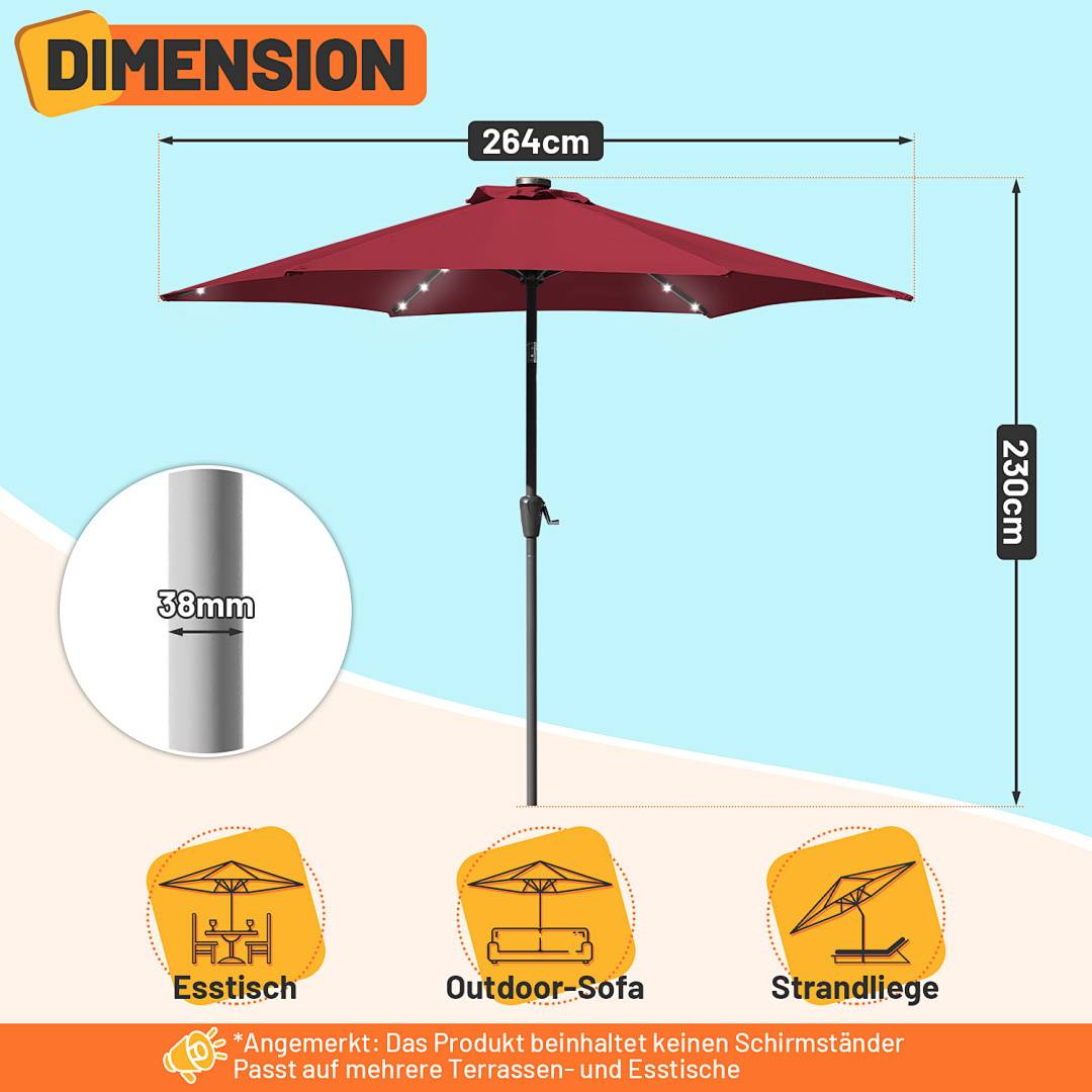 Roter Außenschirm mit einer Breite von 264 cm und einer Höhe von 230 cm. Kompatibel mit Outdoor-Tischen, Sofas und zur Verwendung am Strand.