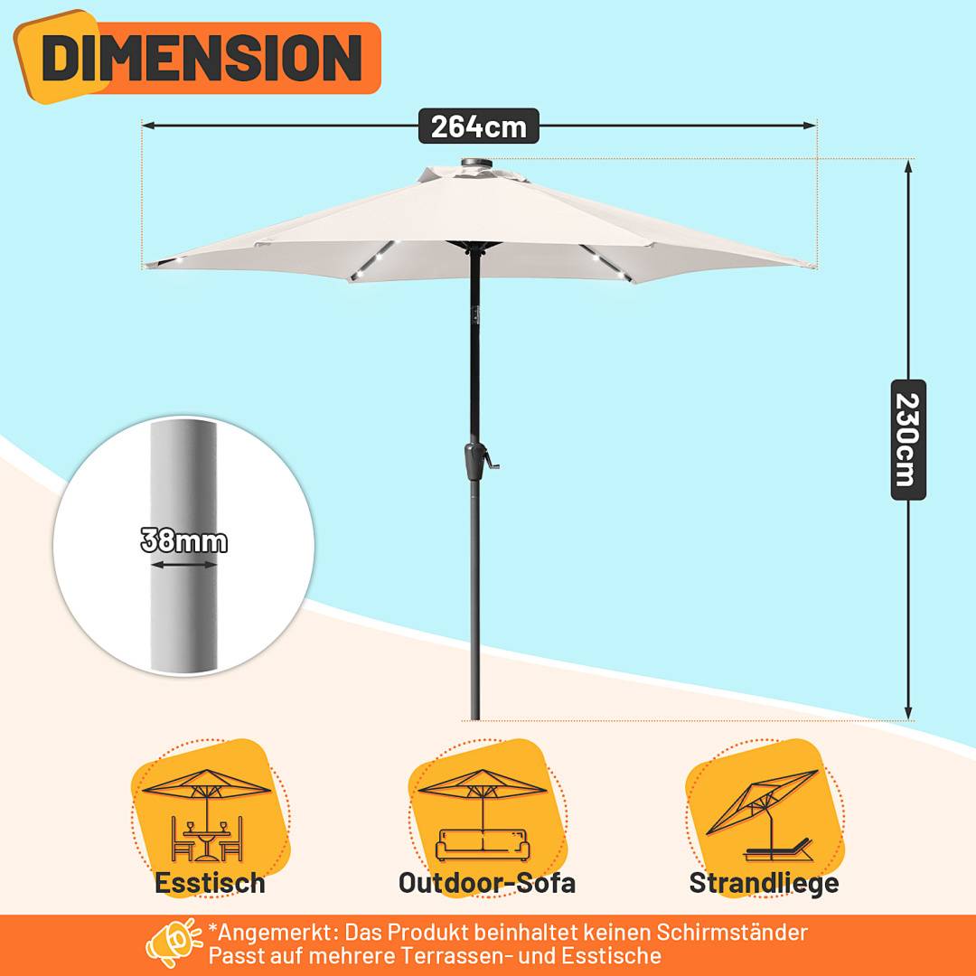 Regenschirm-Abmessungen: 230cm Höhe, 264cm Breite, 38mm Mastdurchmesser. Geeignet für Esstische, Outdoor-Sofas oder Strandliegen.