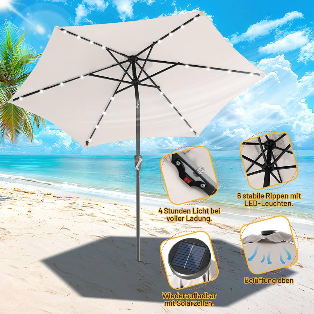 Ein großer weißer Strandschirm mit LED-Leuchten, Solarpanel und sechs stabilen Rippen steht auf Sand am Meer unter blauem Himmel.