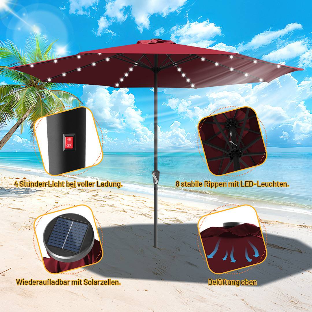 Ein Strandschirm mit LED-Leuchten und Solarpanelen steht auf sandigem Strand unter blauem Himmel. Eingefügte Bilder zeigen Funktionen wie LED-Rippen und Solarladung. Beschriftungen sind auf Deutsch.