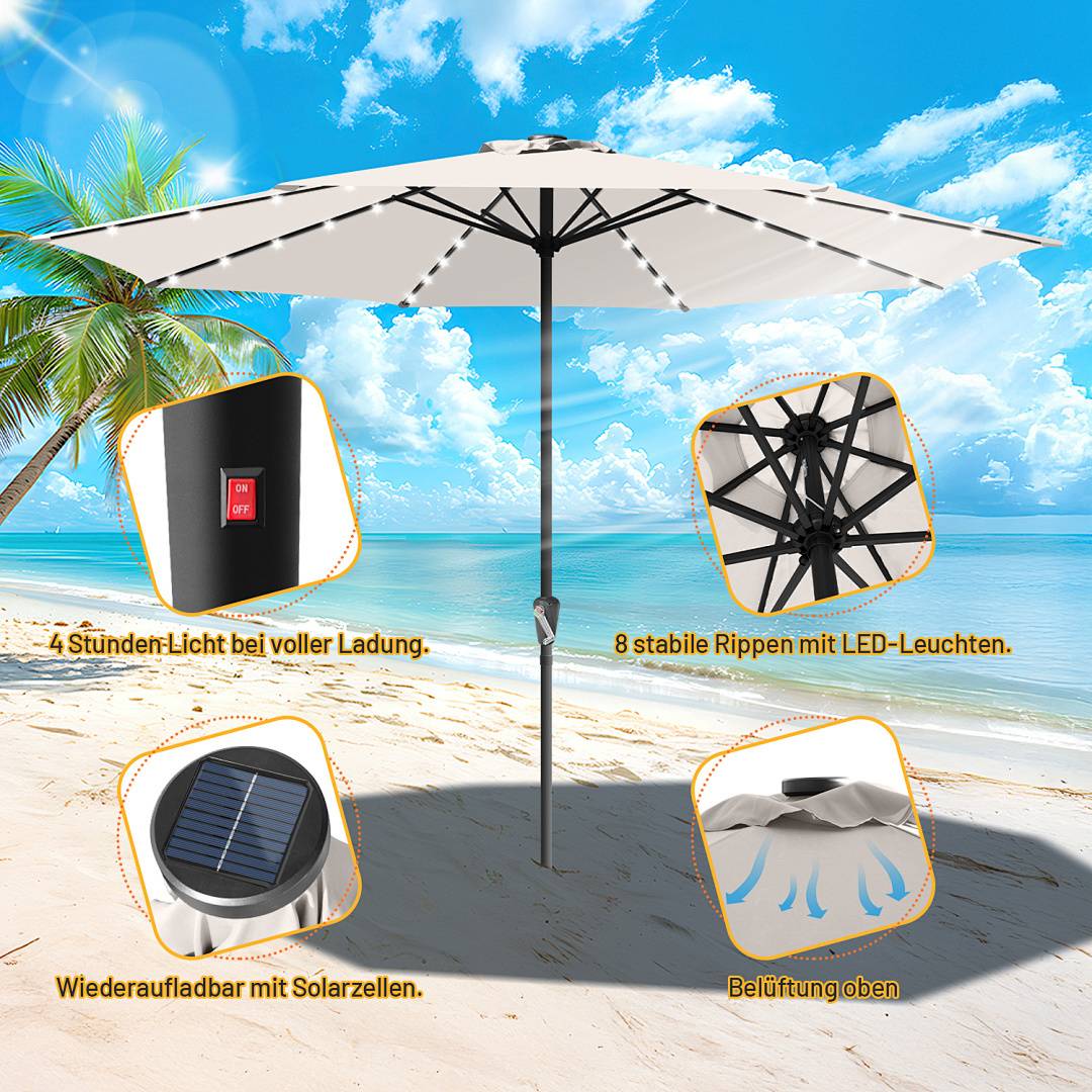 3.5m Sonnenschirm UV50+ Sonnenschutz Gartenschirm Strandschirm LED Solar, ohne knickbar, Schirmtuch mit PA-Beschichtung, Beige