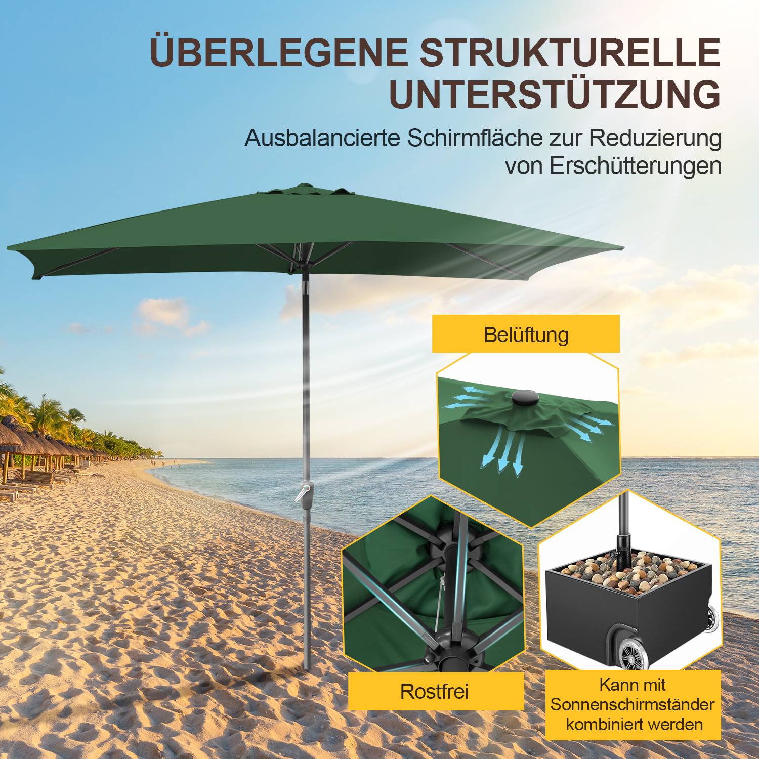 Ein Strand mit einem großen grünen Schirm und einer quadratischen Basis. Einschübe zeigen Schirm-Funktionen: Belüftung, rostfreier Ständer und eine gewichtete Basis. Der Text lautet: 