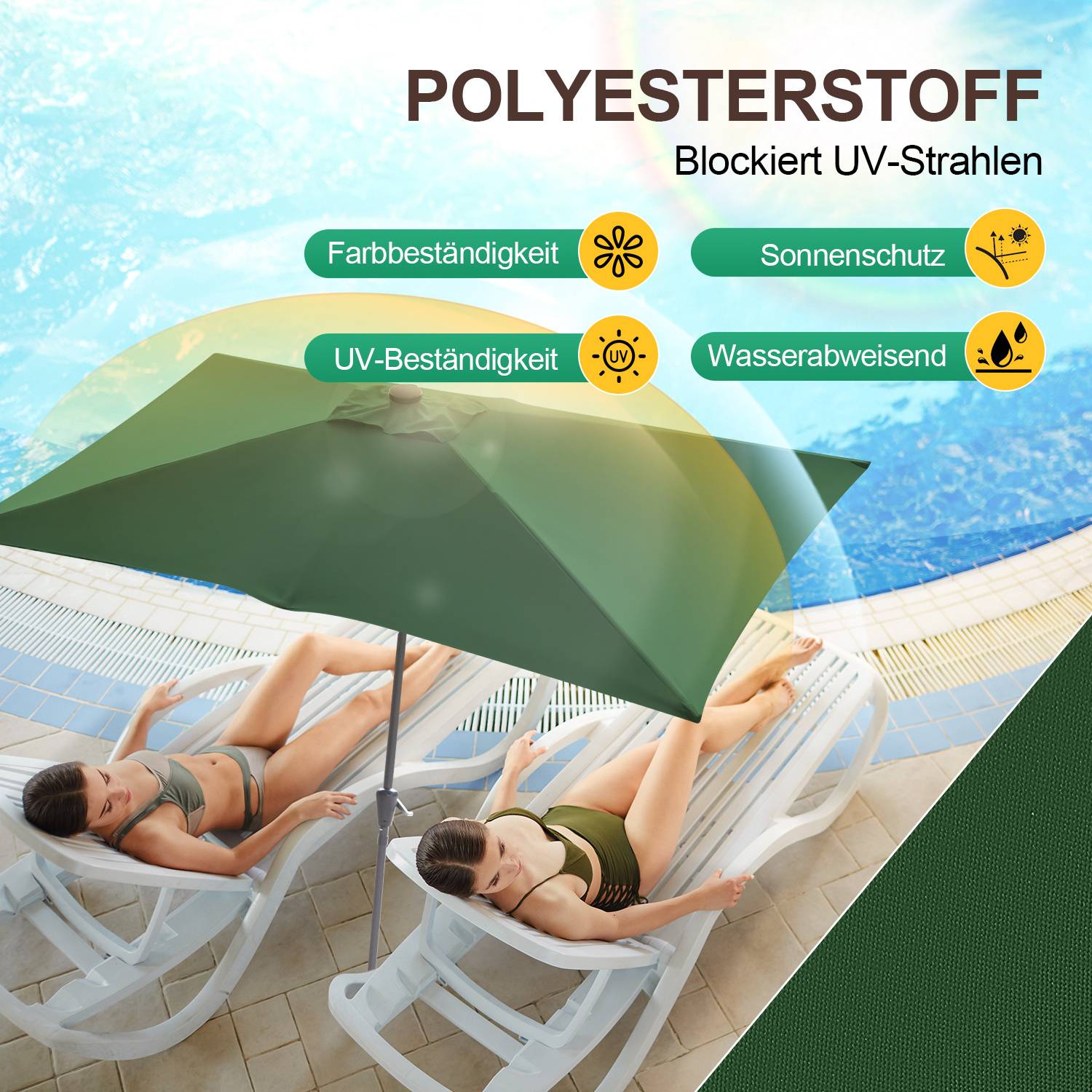 Zwei Personen entspannen sich unter einem grünen Sonnenschirm am Pool. Der Text hebt Eigenschaften hervor: „UV-Schutz, wasserfest, farbecht, Sonnenschutz