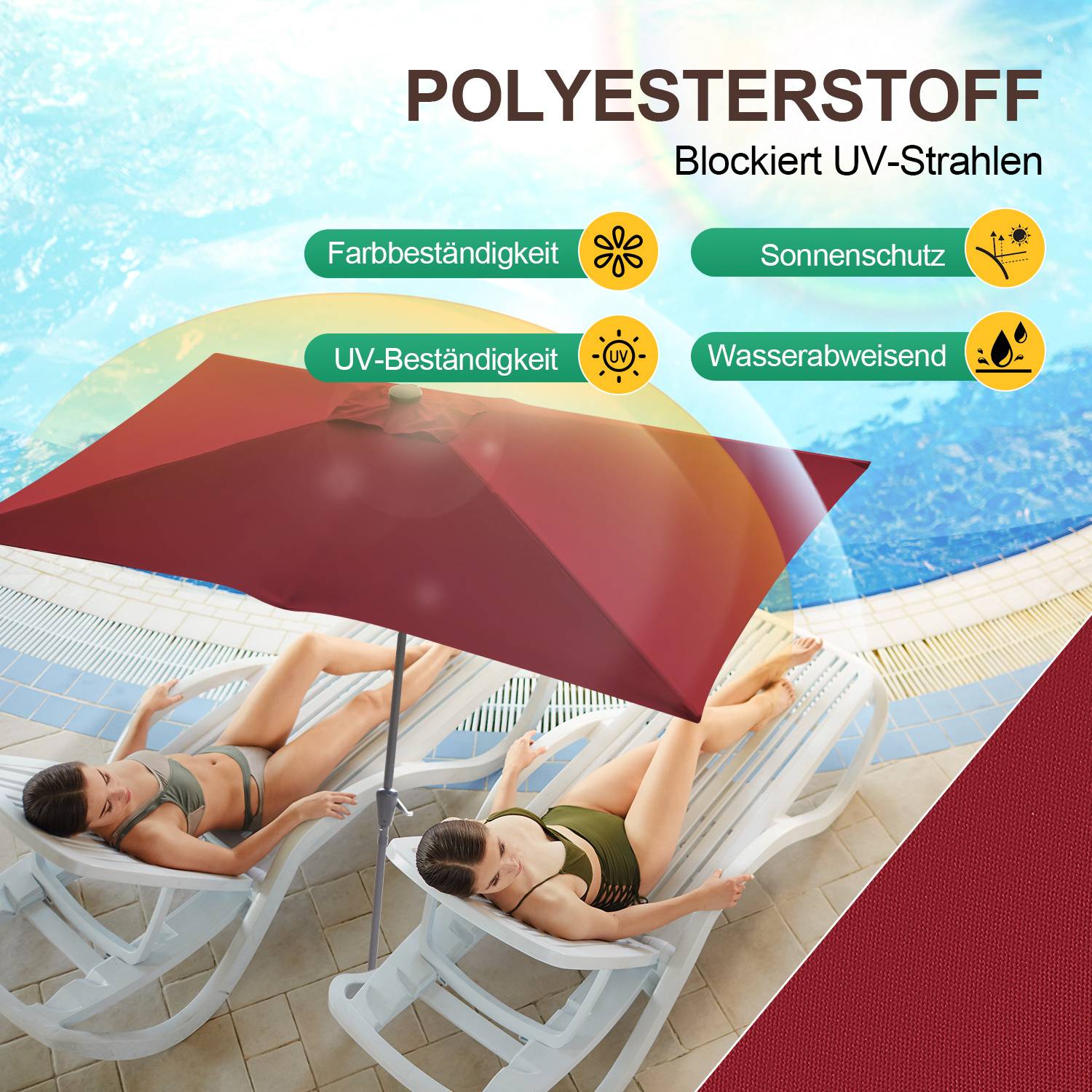 Zwei Personen entspannen sich auf Liegestühlen am Pool unter einem roten Sonnenschirm. Der Text hebt folgende Merkmale hervor: UV-Schutz, farbecht, wasserdicht.
