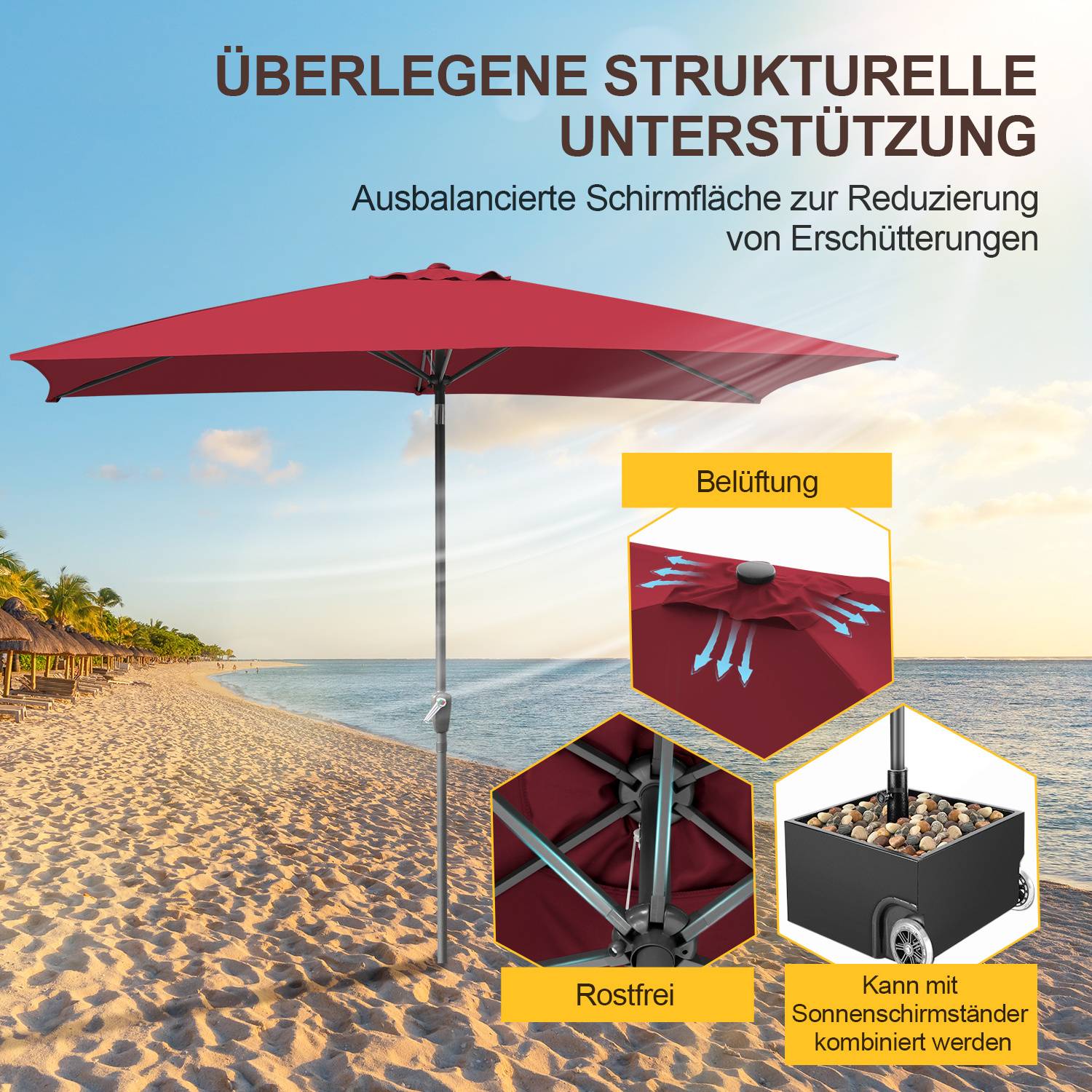 Roter Terrassenschirm mit verstärktem Rahmen am Strand; gekennzeichnete Eigenschaften beinhalten Belüftung, Rostbeständigkeit und gewichteter Sockel.