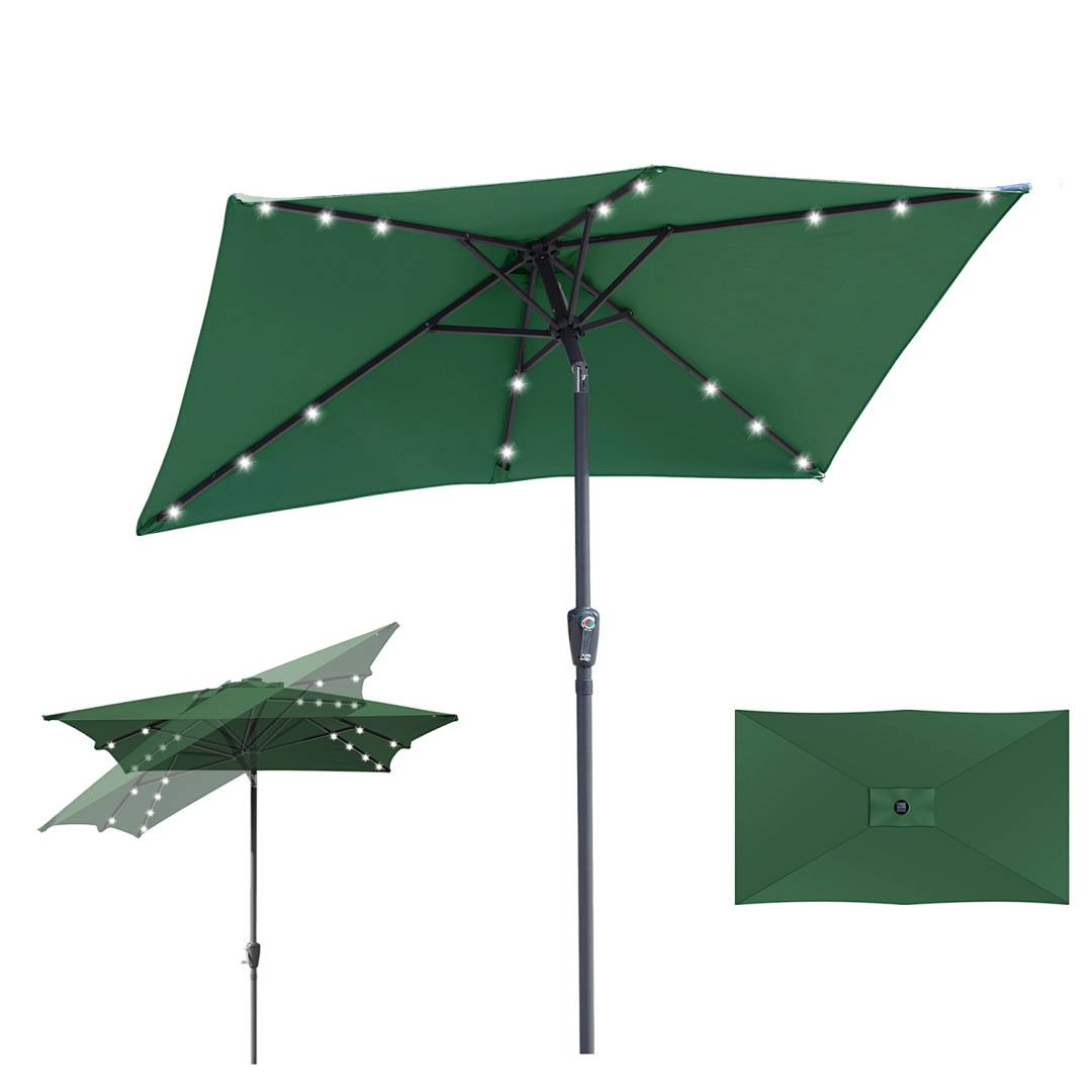 Grüner Terrassenschirm mit LED-Leuchten entlang der Rippen, gezeigt im geöffneten und geschlossenen Zustand.