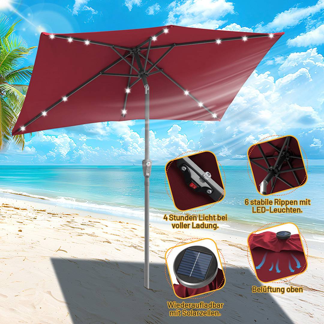 Roter Strandschirm mit LED-Leuchten, Solarpanel und Belüftung. Einsätze heben die Funktionen hervor: 4 Stunden Licht, stabile Rippen, wiederaufladbar.