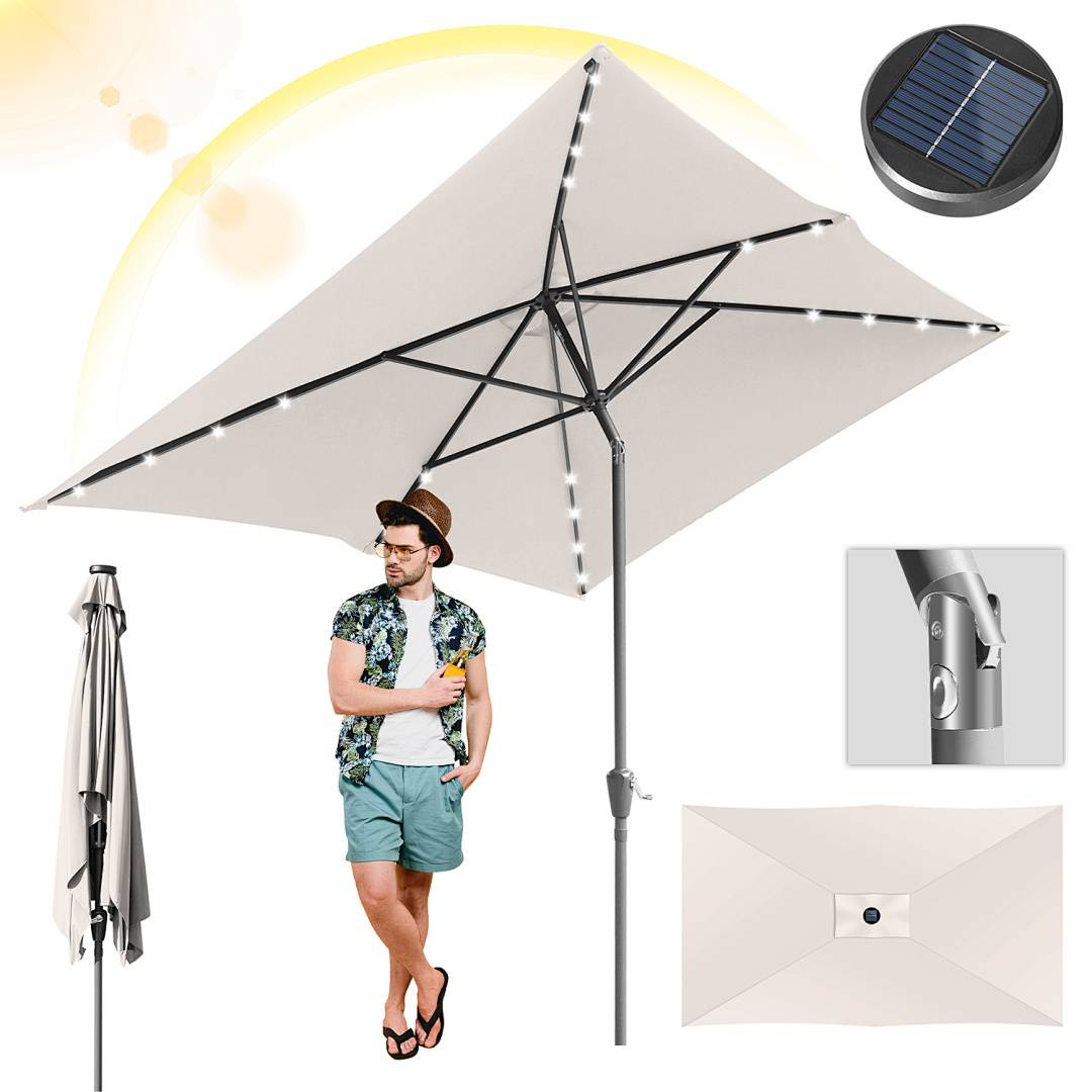 Ein Mann steht unter einem grauen Terrassenschirm mit solarbetriebenen Leuchten. Ausschnitte zeigen den Kipp-Mechanismus des Schirms und das Solarpanel.