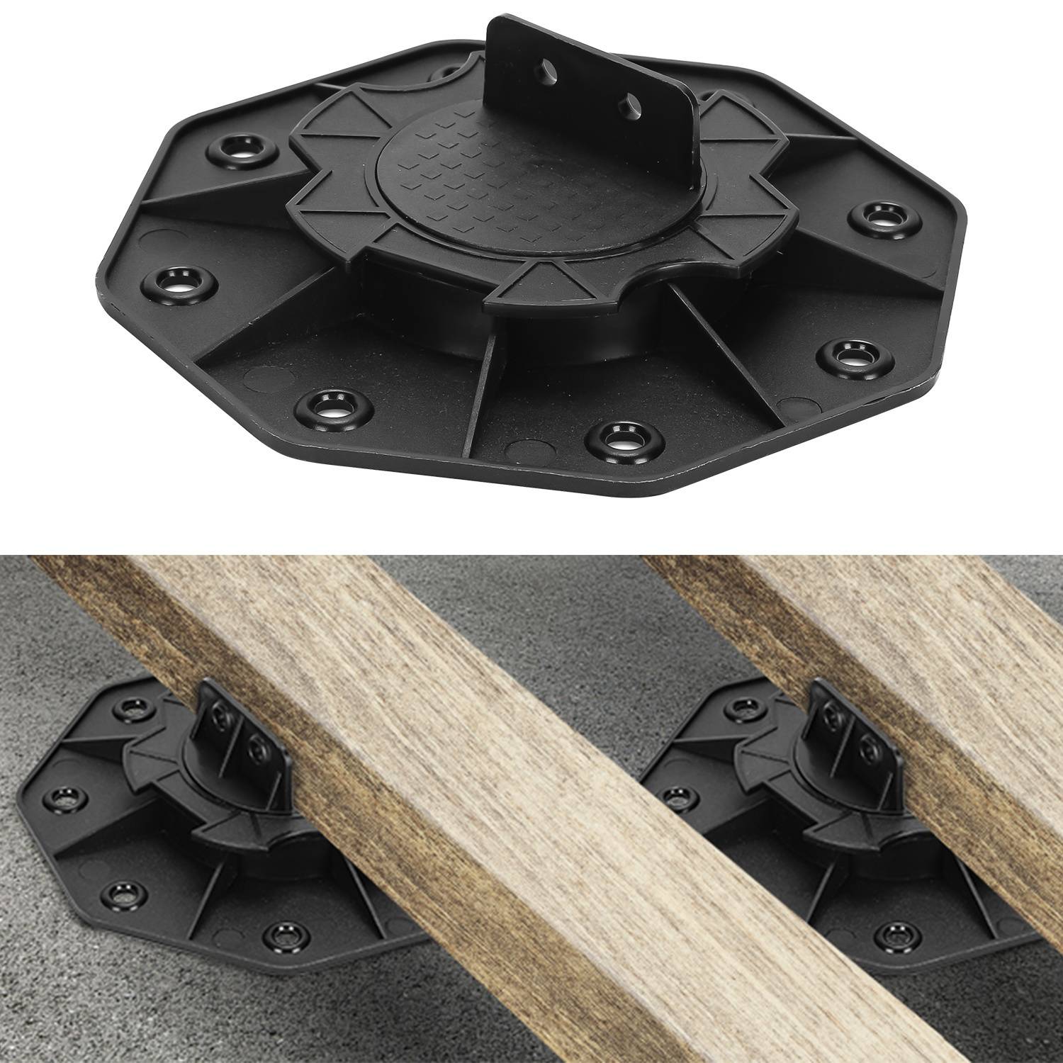 Deck-Stützpfeiler unter Holzbalken installiert, die ihre Verwendung zum Anheben und Abstützen von Strukturen demonstrieren.
