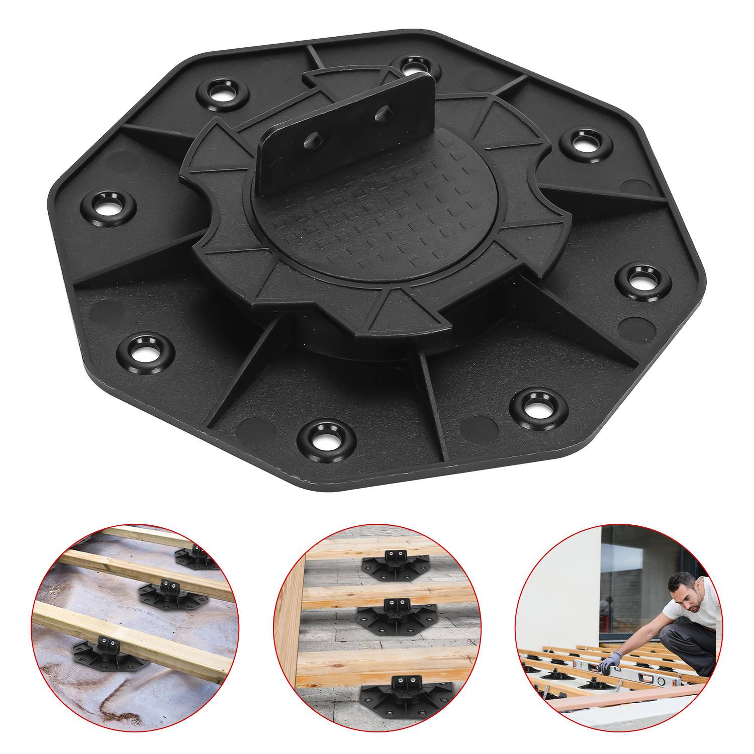 Menschen sitzen um einen Tisch herum mit einem grünen Terrassenschirm; eine Person spielt Gitarre. Die Vergrößerung zeigt Merkmale: integrierte Kurbel und automatische Neigung.