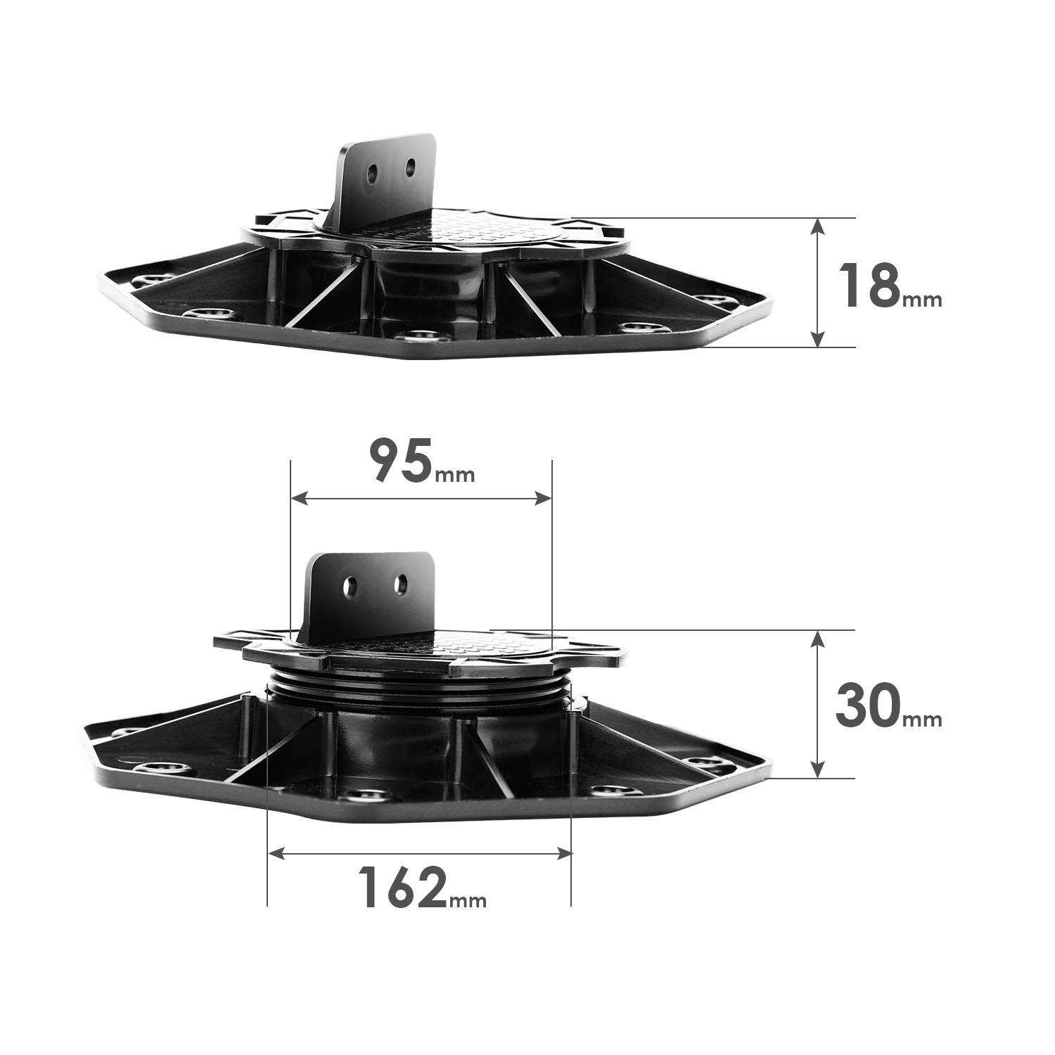 Abmessungen der schwarzen Metallhalterung: obere Höhe 18mm, Breite 95mm; untere Höhe 30mm, Breite 162mm.