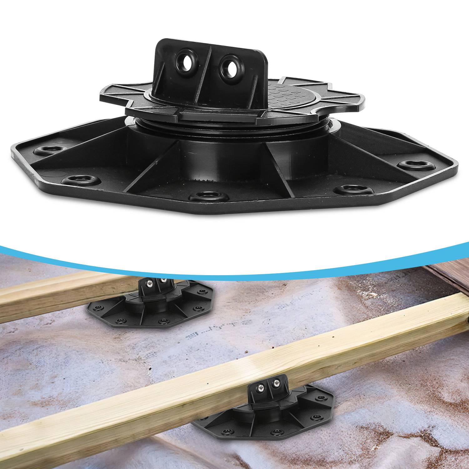 Ein verstellbares Deckenstützpodest, das hölzerne Balken trägt und zur Ausrichtung und Nivellierung von Oberflächen bei Bauprojekten geeignet ist.