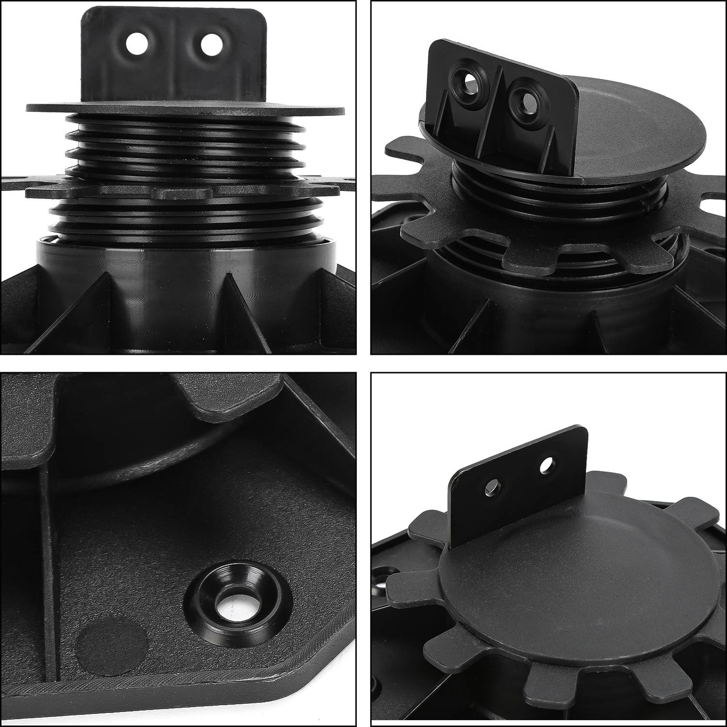 Schwarze Kunststoff-Stellfüße mit verstellbarem Anpassungsmechanismus für Möbel in verschiedenen Winkeln. Umfasst Abschnitte für Schraubenbefestigung und zahnradähnliches Basisdesign.