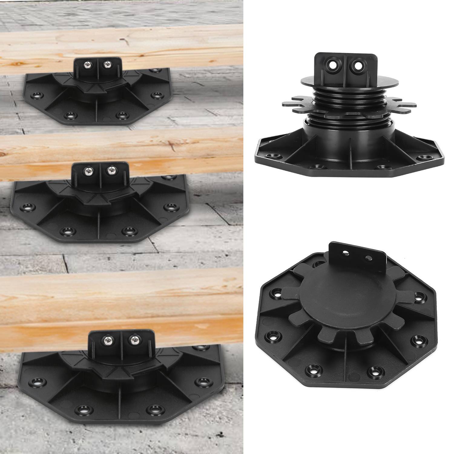Verstellbare Unterstützungen für Decks auf einer Steinoberfläche, die verschiedene Höheneinstellungen zum Ausgleichen zeigen. Oben rechts: Seitenansicht; unten rechts: Draufsicht.