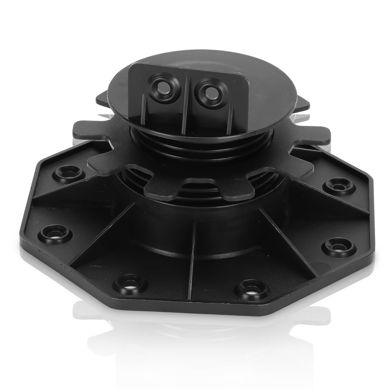 Eine schwarze, sechseckige Kunststoffhalterung mit einem kreisförmigen zahnradähnlichen Mittelteil und mehreren Schraubenlöchern, konzipiert zum Befestigen oder Stützen von Geräten.