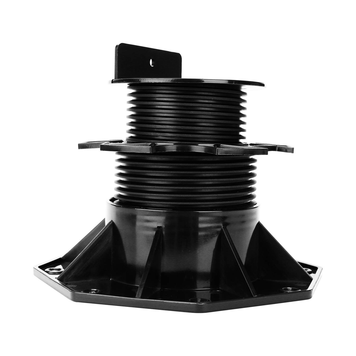 Ein verstellbares schwarzes Konstruktionspodest mit robuster Basis, entwickelt zur Unterstützung von Strukturen wie Decking oder Bodenbelägen.