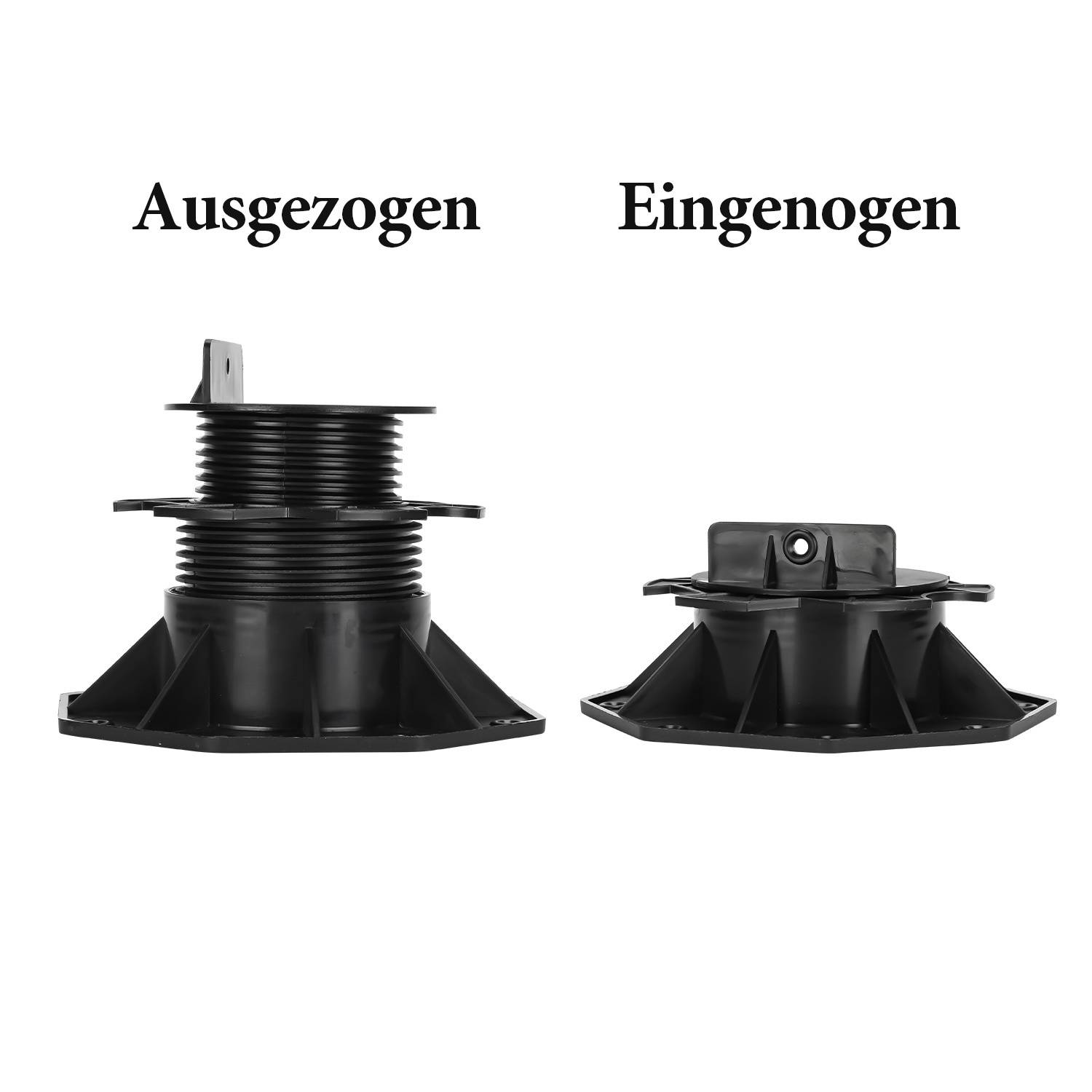 Zwei schwarze verstellbare Sockel werden gezeigt. Der linke ist mit „Ausgezogen