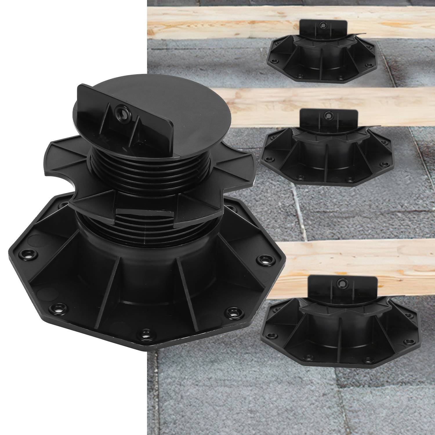 Verstellbare Kunststoffdeckel auf einer Terrassenbasis ermöglichen präzise Höhenverstellungen für eine ebene Deck- oder Fliesenverlegung.