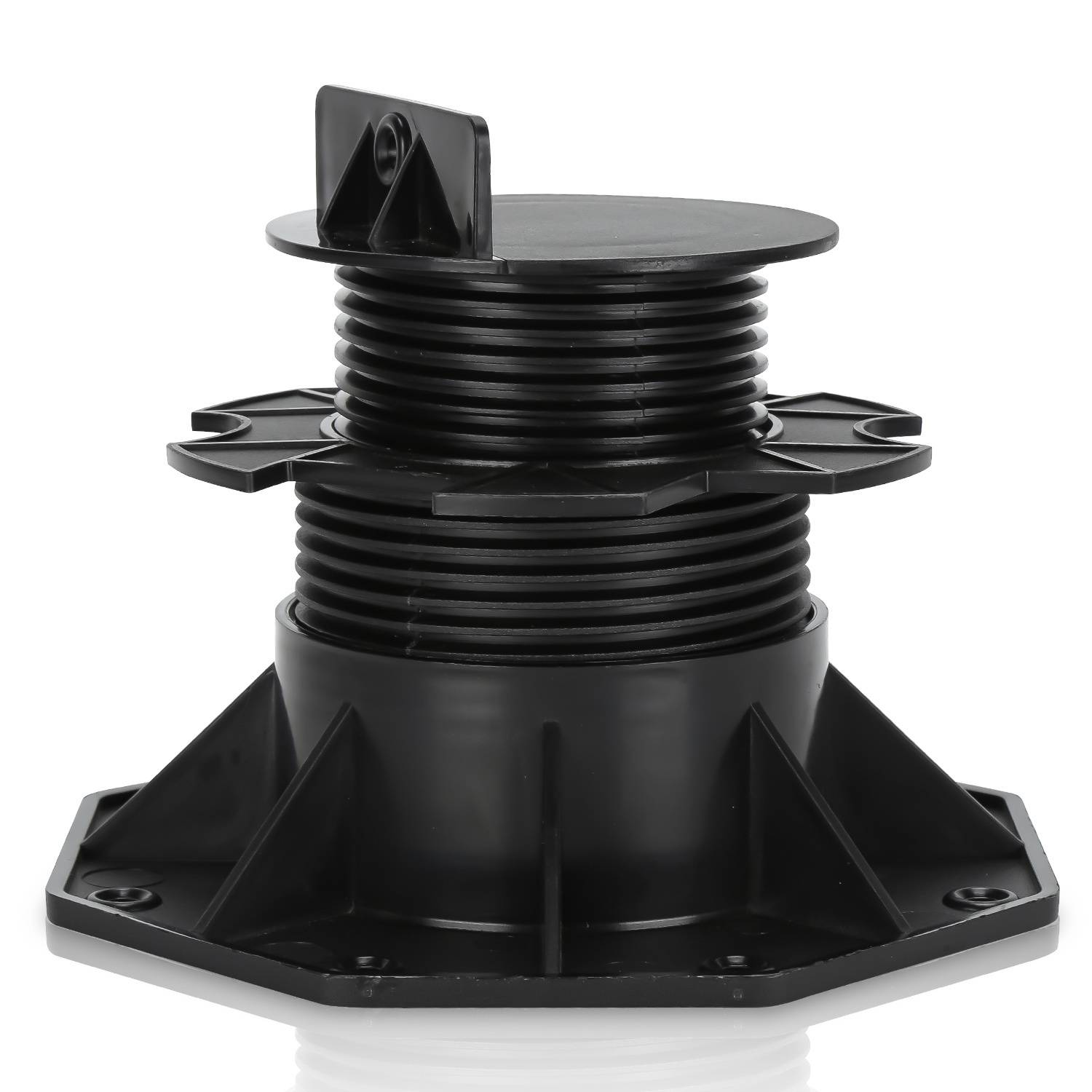 Ein schwarzes verstellbares Stützensystem aus der Bauwirtschaft zur Deckenunterstützung mit einer Gewindespindel für die Höhenverstellung.